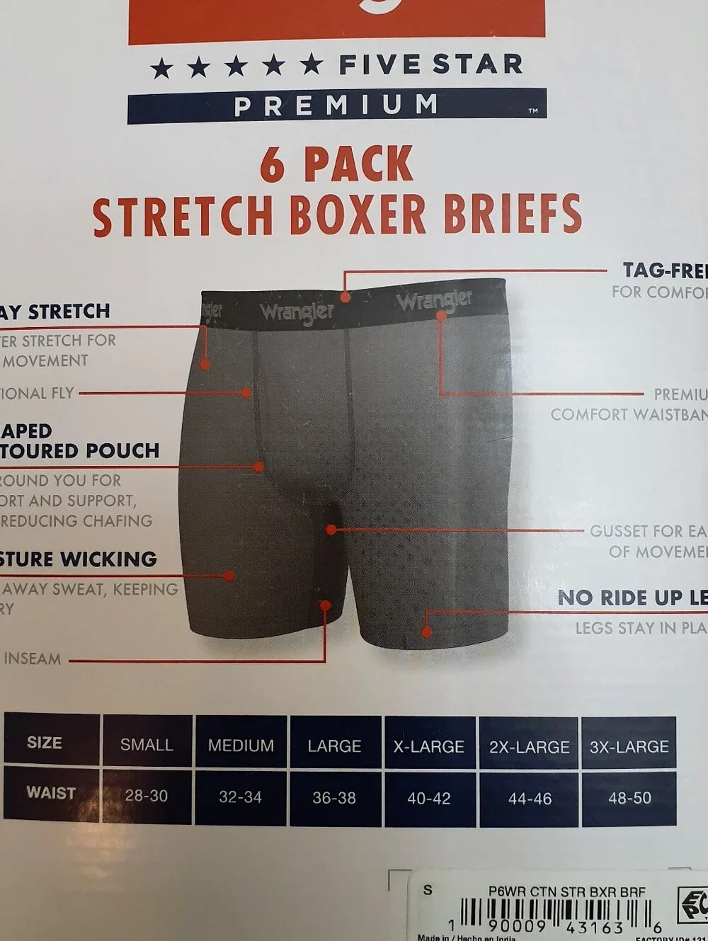 Wrangler 6 Stretch Boxer Briefs  Size Small U-Shaped Pouch Fly Cotton No Ride Up